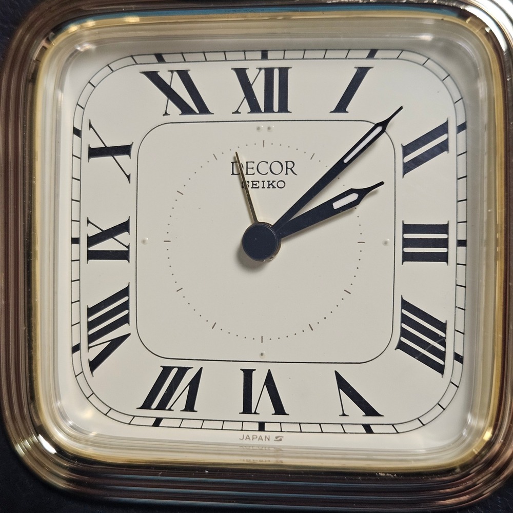 Vintage Seiko Decor Travel Alarm Clock Black Leather Case Roman Numeral Japan
